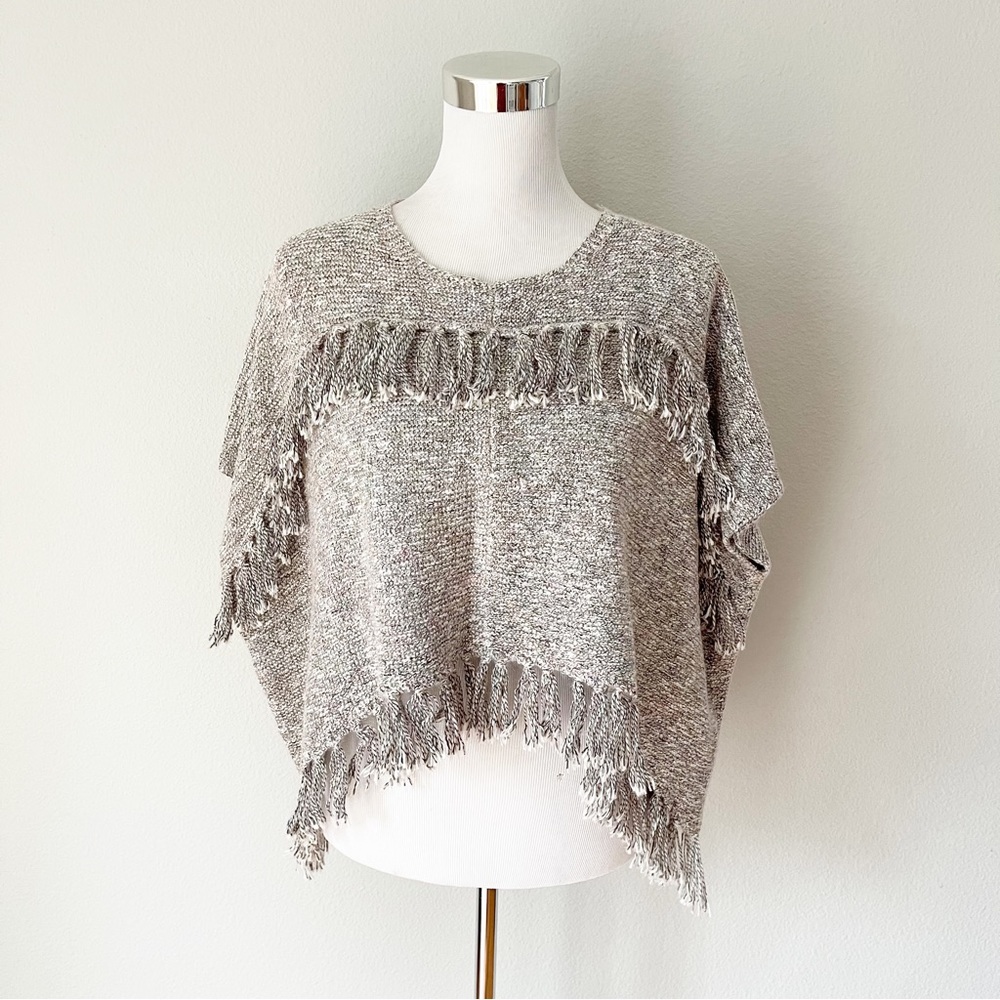World Market Boho Fringe Neutral Drop Shoulder Short Sleeve Sweater One Size